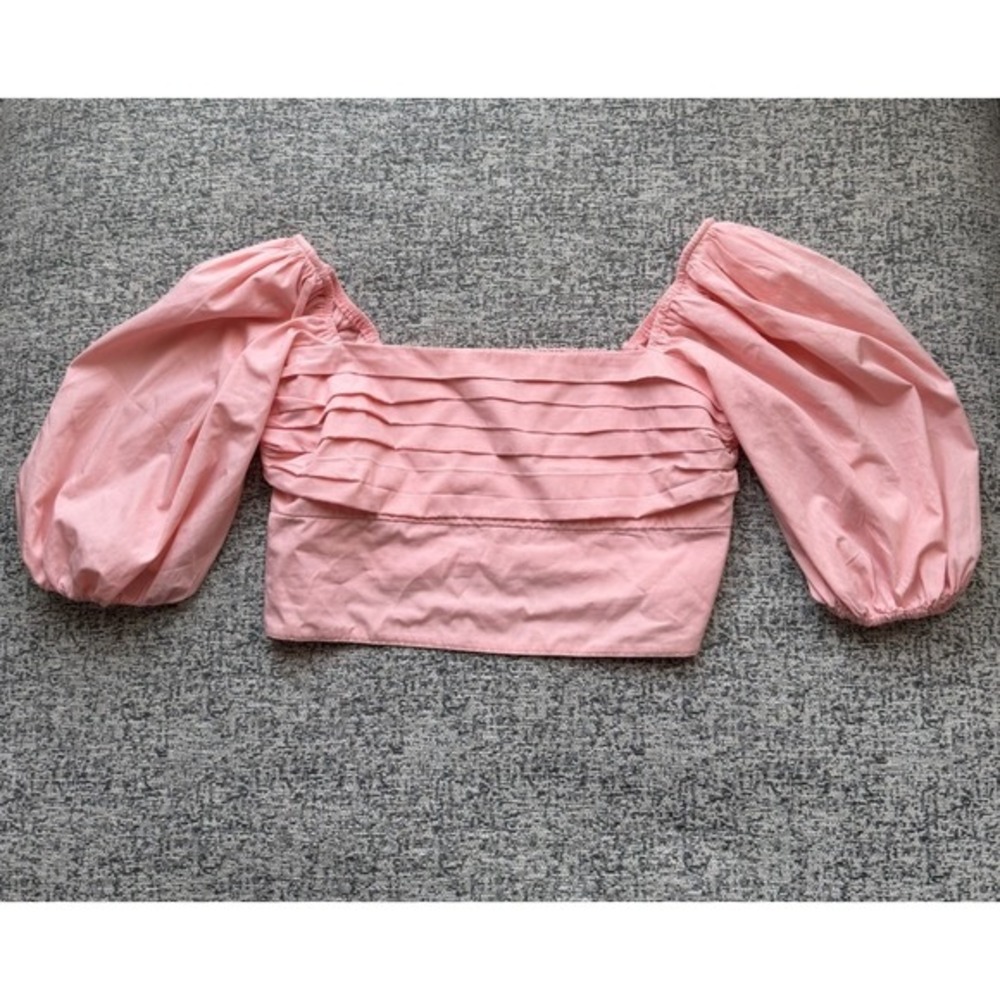 Abercrombie Crop Top Pink Puff Sleeve Rouched Milkmaid CottageCore Peasant M